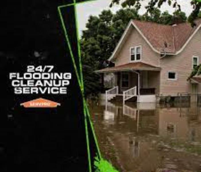 24 hour flooding clean up service. Flood outside with picture of house.