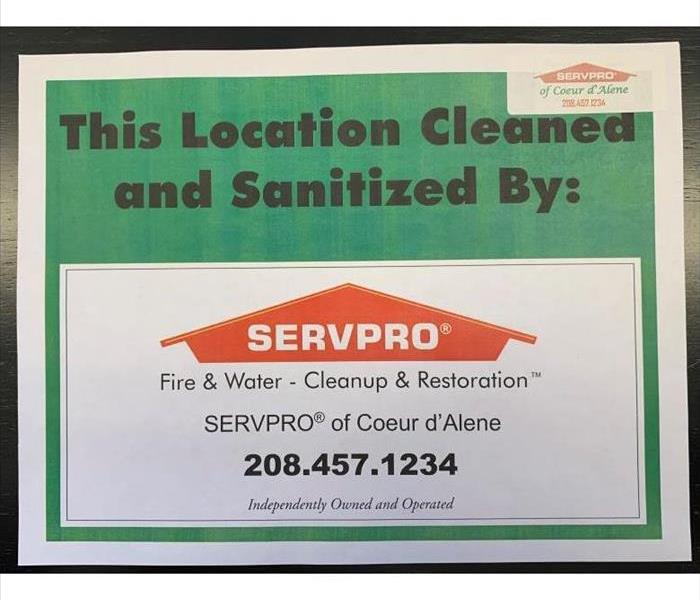 Green SERVPRO of Coeur d'Alene clean and sanitize sign
