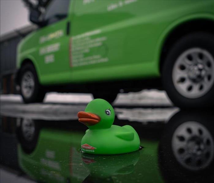 Green Rubber ducky in a puddle in front of SERVPRO Van